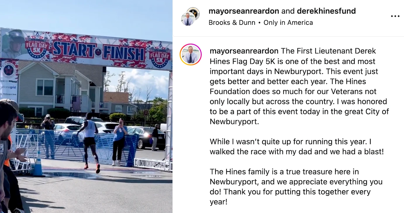 Instagram post from the Derek Hines Fund Flag Day 5K: a runner approaching the finish arch, with the post caption alongside